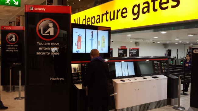 Travelers will observe glasses-free 3D animation sequences while in line at Heathrow Airport security checkpoints. Visual cues indicate where to discard unacceptable items to carry during air travel.